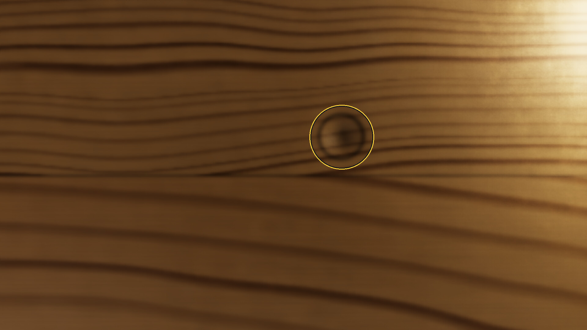 A frame from the inspection camera: a dent in the oak, circled where it was found.